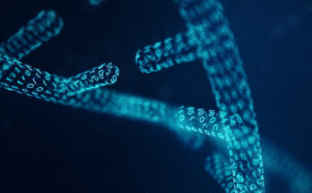 Digital DNA molecule, structure. Concept binary code human genome. DNA molecule with modified genes. 3D illustration