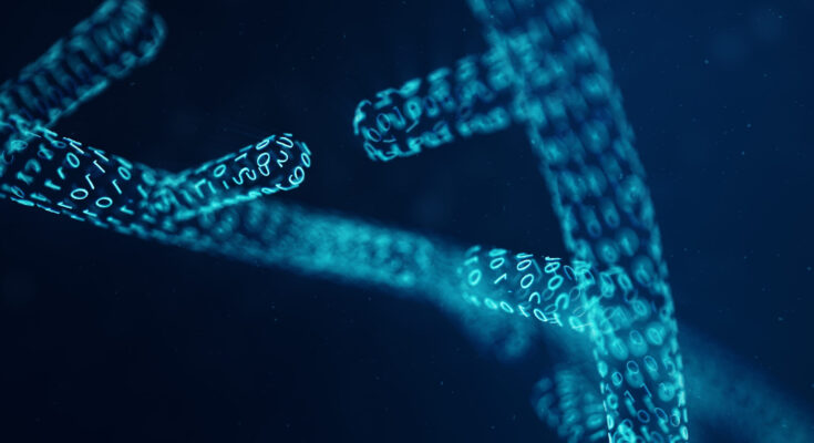 Digital DNA molecule, structure. Concept binary code human genome. DNA molecule with modified genes. 3D illustration
