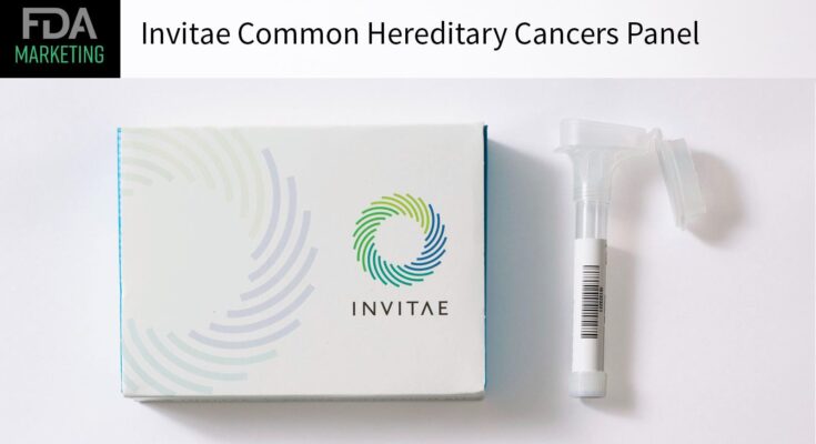 FDA MARKETING Invitae Common Hereditary Cancers Panel over a photo of the product.