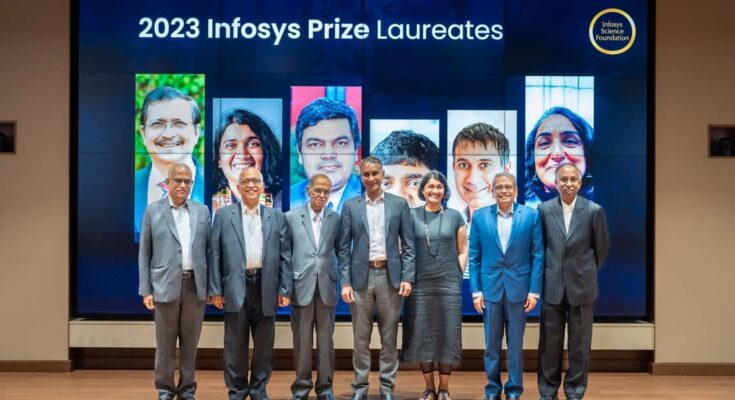 Winners of the Infosys Prize 2023 with NR Narayana Murthy and Kris Gopalakrishnan