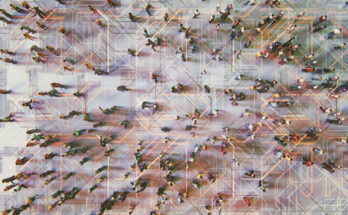 Abstract crowds of people with virtual reality street display. This is entirely 3D generated image.
