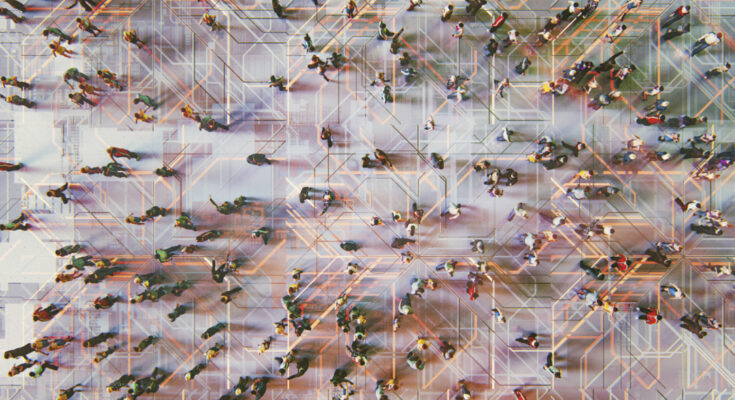 Abstract crowds of people with virtual reality street display. This is entirely 3D generated image.