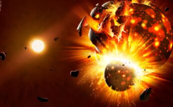 a spherical body crashes into a larger one in space, creating a massive explosion of fire and chunks of planet