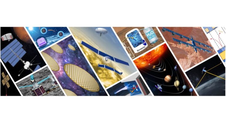 collage showing 13 space-mission concepts, including a venus sample-return probe and a martian aircraft.