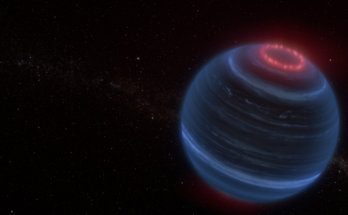An artist concept portrays a round, dark blue, gaseous object on a black, star-filled background.