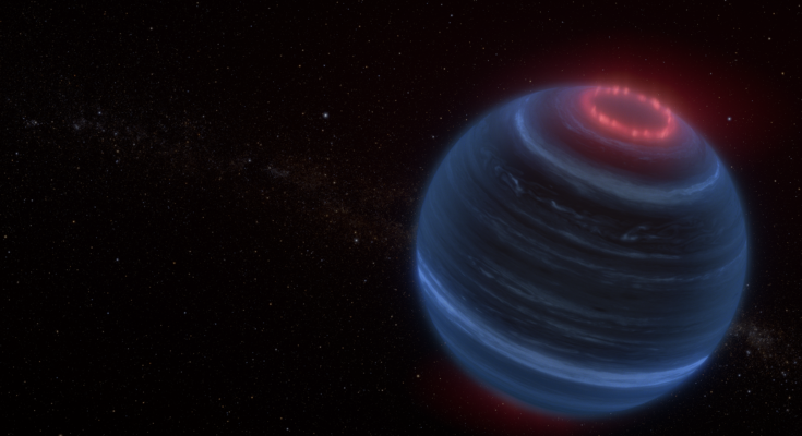 An artist concept portrays a round, dark blue, gaseous object on a black, star-filled background.
