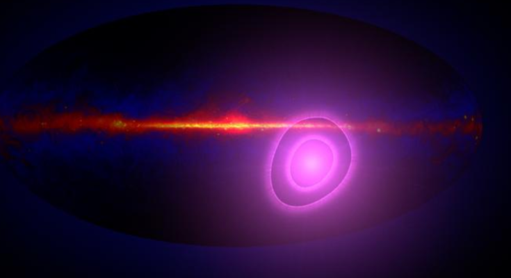 illustration showing two concentric purple rings and a long, thin orange line in deep space.