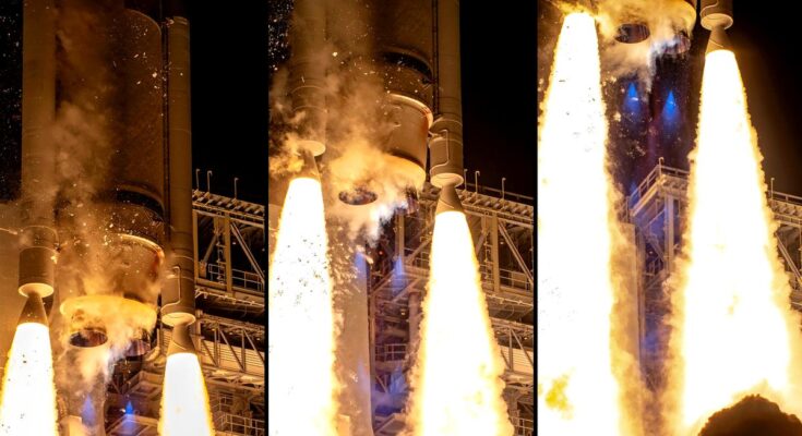 three images side by side showing the vulcan centaur engines blasting the rocket up from the launch pad.