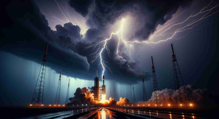 A high-definition photograph showcasing the triumphant late-night launch of a generic commercial space company's satellite from an Earth-bound launchpad. This happens under adverse weather conditions where dark clouds amass in the night sky with streaks of lightning illuminating the silhouette of the rocket. The contrast of the gloomy twilight downpour against the fiery trail of the ascending rocket forms a breathtaking spectacle.