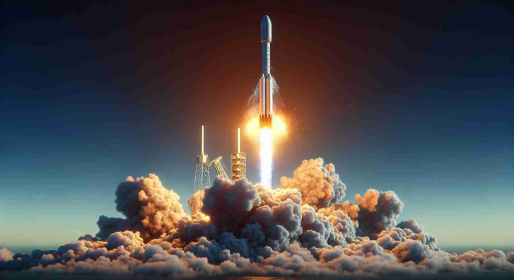 Render a high-definition realistic image of a SpaceX Falcon 9 rocket successfully launching its next batch of internet-beaming satellites into space. Depict the rocket mid-launch with fire and smoke billowing from its base as it propels upward. The sky is clear, allowing a perfect view of the moment. The launched satellites, which are yet to unfurl their solar panels, are visible against the backdrop of the deep blue expanse.