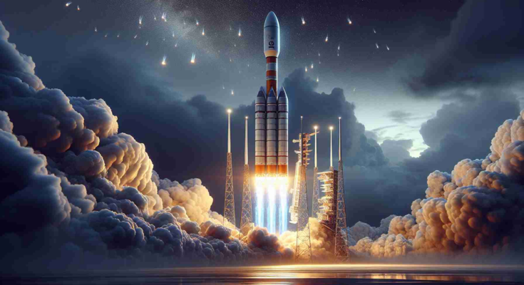 Produce a HD-quality, realistic image of a large, modern rocket, adorned with the generic iconography of an unidentified space exploration company, successfully launching a flotilla of communication satellites into the evening sky. The rocket is triumphing over inclement weather conditions, with gathering storm clouds being illuminated by the blinding light of the rocket's engines while the satellites disperse in the upper atmosphere.