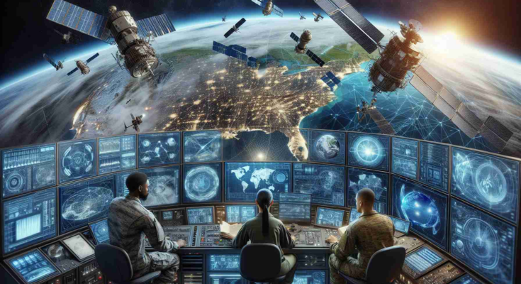 An in-depth, high-definition illustration depicting the integration of commercial satellite technology into military operations. It features a highly technical 3D overview showing satellites in space sending signals to military bases on earth and vehicles equipped with state-of-the-art communication devices. In the vicinity, uniformed officers studying digital maps and data screens are also shown, consisting of a diverse representation: a black woman, a Hispanic man, and a Middle-Eastern woman. To add realism, include intricate details like sophisticated control rooms full of high-end computing hardware, high-tech military vehicles, and the earth as seen from outer space.