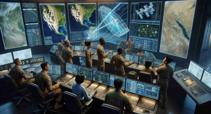 A high-definition, realistic image depicting a scenario where the U.S. military is exploring a hybrid satellite strategy to monitor ground movements. A control room full of multi-ethnic male and female officers are interpreting data streaming in from multiple screens. They are looking at maps, terrain models, and streams of numbers. Off to one side, a male Caucasian officer discusses strategy with a Black female officer, pointing at a 3D model of satellite orbit patterns. On another corner, an Asian male scientist who is adjusting the frequencies on a tracking console is engaged in a deep conversation with a Hispanic female colleague about ground signal interception.