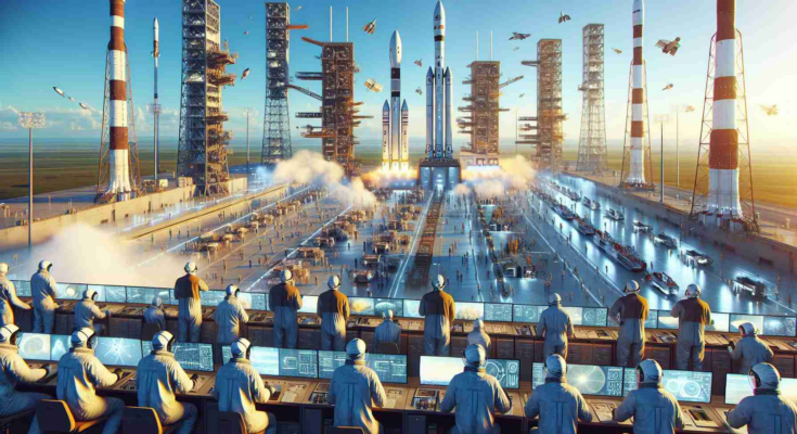 Generate a high-definition, realistic image depicting a bustling week of satellite launches by various space agencies. Include mission control centers filled with diverse personnel of different genders and races, eagerly working on launch preparations. Showcase large launch pads with rockets poised for liftoff against a clear blue sky. In the foreground, include engineers of diverse descents and both sexes, wearing protective gear, inspecting the rockets. Add a sense of anticipation and excitement in the atmosphere.