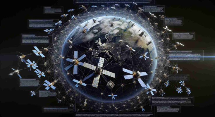 A hyper-realistic, high-definition illustration of a satellite network orbiting Earth, labeled to indicate a fictional space exploration firm's involvement in creating a comprehensive surveillance system. The image should show the expansive web of satellite connections, each spacecraft intricately and accurately depicted, complete with solar panels and communication arrays. Earth should be viewed from space, veiled by the complex, spider web-like network. Amidst the network, there are annotations briefly explaining the firm's role in constructing the satellite network, its purpose for comprehensive surveillance, and the potential benefits to global intelligence operations.