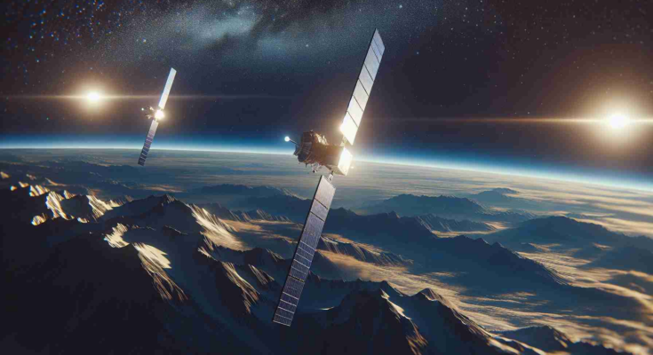 Generate a high-definition, realistic image of SpaceX's Starlink satellites in a lower altitude orbit. The scene should emphasize the advancement in cellular satellite services, with a clear sky backdrop hinting at the immense potential for global communications.