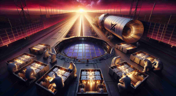 An extremely detailed, high quality photograph of a visionary private space company preparing for another monumental deployment of their network-enabling satellites. The scene reveals engineers meticulously examining advanced equipment, the open cargo bay with a neatly arranged payload of compact satellites ready for deployment, and the enterprise's emblematic logo etched onto the side of the launch vehicle, against the backdrop of a crimson sunset.