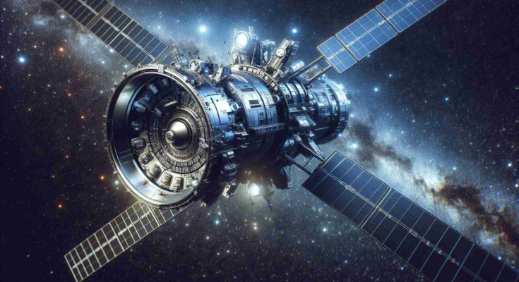Generate a highly detailed and realistic image of a breakthrough in satellite technology, termed as 'Aurora'. It should depict cutting-edge design components of a futuristic satellite in space. The device should embody a revolutionary approach to space technologies, implying advanced capabilities beyond our current understanding. The picture should reflect the perceived enormity of the satellite, with the backdrop of the universe filled with myriad stars. The name 'Aurora' should be subtly displayed on the side of the satellite.