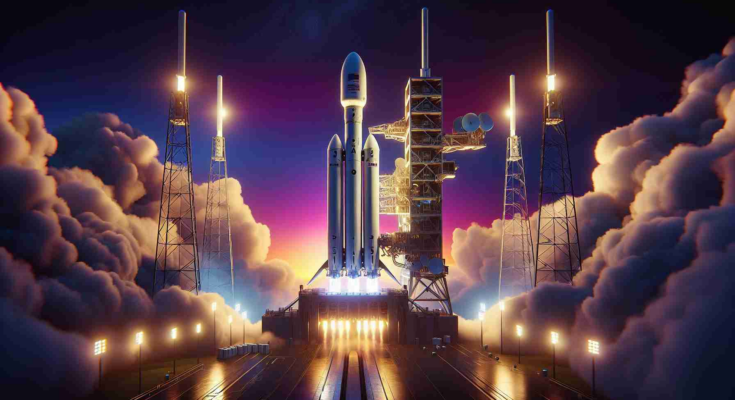 Generate an ultra-high-definition, realistic image of a Falcon 9 rocket, owned by a private aerospace manufacturer, readying for a Monday evening launch. On board, there are multiple internet communication satellites, known as Starlink satellites. The sky is dusk-colored, brimming with hues of magenta, orange, and deep blue. The bright white rocket stands majestically on the launchpad, with its engines primed for the spectacular journey ahead. Intense spotlights illuminate the scene, casting long shadows and making the mechanical beast seem even more monumental. Smoke billows gently from its base, hinting at the power ready to be unleashed.