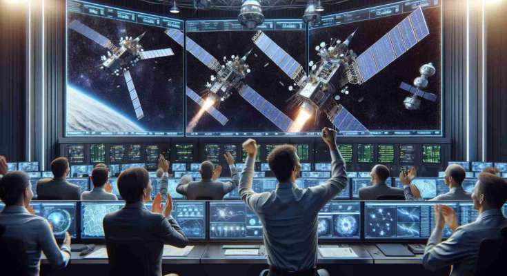High-definition, realistic image of a private aerospace company celebrating the successful launch of 23 new communication satellites. The scene includes excited staff in the mission control room, watching screens that depict the launched spacecrafts in the outer space. The images on the screens show the satellites, designed to perfection with gleaming solar panels and antennas, soaring through the cosmos. Some employees are high-fiving each other, while others are clapping, encapsulating a mood of relief, joy, and accomplishment.