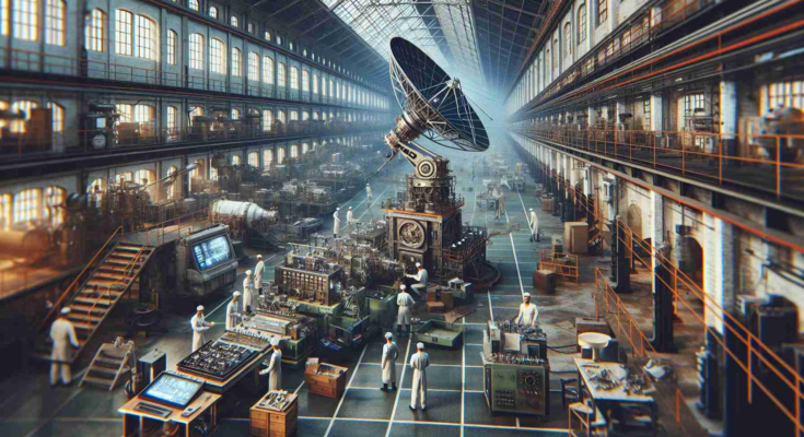 Visualize a realistic, high-definition image of a modern era of satellite production happening inside an historical industrial facility. This setting should be filled with state-of-the-art machinery and display the intricate details involved in the process of manufacturing advanced space technology. The factory, with its characteristic vintage structure, bridges past aesthetics with contemporary innovation. Workers of different genders and desents, including Caucasian, Hispanic, Black, Middle-Eastern and South Asian, contribute their skills to create these complex devices. This scene embodies the convergence of history and futurism in the field of aerospace technology.