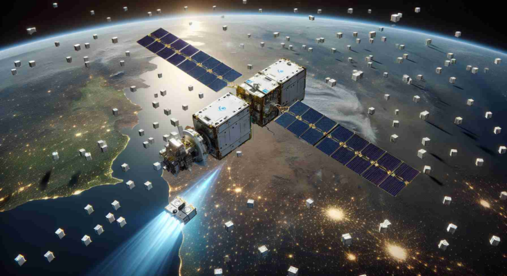 High detail realistic image of a recent commercial satellite constellation deployment. The spacecraft, immaculately white and emblazoned with the company's dragon logo, is releasing small, box-like satellites into the wide expanse of space. The Earth is visible below, a vibrant sphere of brilliant blues, greens and whites. The satellites cast long shadows in the low sun, their solar arrays glittering as they prepare to disperse into their assigned routes. In the distance, other satellites from previous launches can be seen, a vast network of technology enveloping the world.