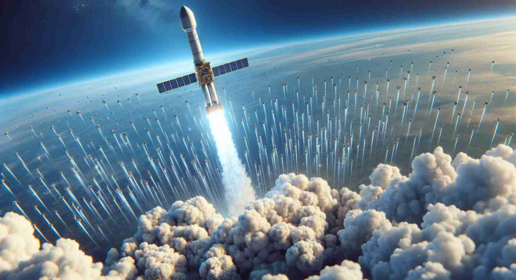 Detailed high-definition image depicting the recent event of an expansive satellite deployment. This scene includes a rocket, attributed to a non-specific private aerospace manufacturer, igniting its powerful thrusters as it lifts off from the ground, leaving a tail of white smoke. The sky is a brilliant azure, dotted with a few fluffy white clouds. Above, the deployed satellites are seen spreading out in an orchestrated pattern, appearing like tiny dots against the vast expanse of the clear blue sky.