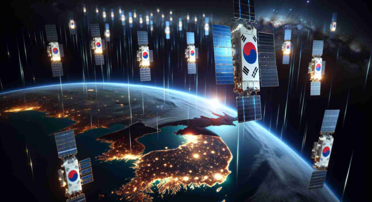 A realistic, high-definition image illustrating South Korea enhancing its orbital intelligence network by launching multiple satellites into space by the year 2030. Imagine this futuristic projection where the night sky is punctuated by a multitude of satellites orbiting the earth, the South Korean flag symbolically glowing on some of them. The Earth can be seen below, bathed in the glow of city lights, specifically highlighting the Korean peninsula.