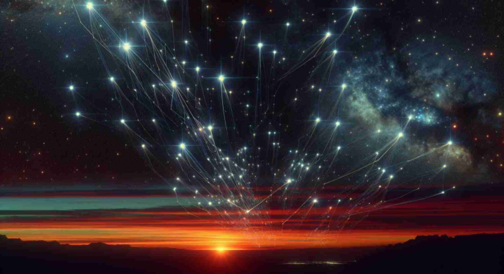 Generate a high definition, realistic image depicting an intriguing scene in the Arkansas sky at night. Show an array of Starlink Satellites as they move across the sky, presenting the appearance of a synchronised dance. Artistically represent the varying intensity of their lights, with an emphasis on their patterns and formations against the backdrop of a star-studded night sky.