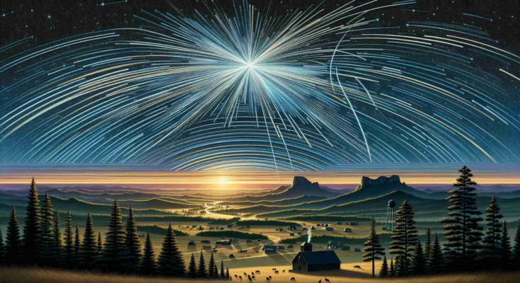 A nuanced and detailed scene depicting an event where the night sky of Arkansas is brilliantly illuminated by the display of the Starlink satellite. The crisp and clear night sky serves as a canvas for the starry spectacle, with streaks of light tracing a radiant parabola across the vast expanse. On the surface, silhouettes of ubiquitous Arkansas natural elements such as the undulating ozark mountains, dense pine forests, and quaint rural houses form a picturesque contrast.