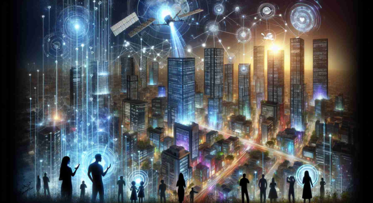 A high-definition, realistic illustration showcasing the concept of satellites and artificial intelligence transforming urban jungles into smart cities. Imagine tall skyscrapers  with modern infrastructure, connected by a network of data flow represented with luminescent lines and symbols. Satellites loom in the sky above, radiating pulses towards the city, symbolizing data transfer. Inhabitants are going about their daily life, diverse males and females with different physical traits representing different descents such as Caucasian, Hispanic, Black, Middle-Eastern, South Asian, are seen interacting with advanced technology interfaces. The scene could be set in the evening with city lights adding to the vibrancy.