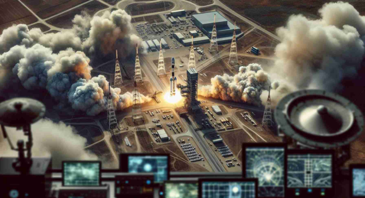An ultra high-definition image of a potential military satellite launch, likely belonging to a non-specified East Asian country, under intense surveillance. Capture the detailed view from a distant point, showing the launch pad engulfed in smoke and fire from the launched rocket. Incorporate high-tech surveillance tools, like ground antennas, satellite dishes, and state-of-the-art control center filled with engineers attentively monitoring the progress. Note: Do not represent any specific country or identifiable insignias.