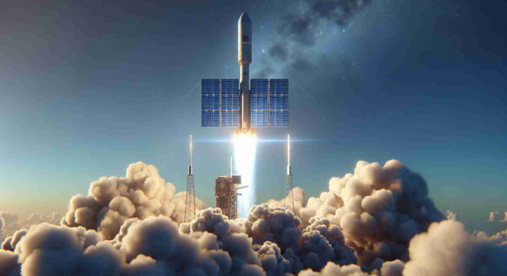 Render a hyper-realistic image in high definition showcasing the expansion of a commercial space company's satellite constellation. Picture the scene of a fresh satellite launch, where a powerful rocket ascends with a trail of smoke against the azure sky. The satellite should be sophisticated, accommodating to the latest technology, and preparing to join its brethren in the orbit.