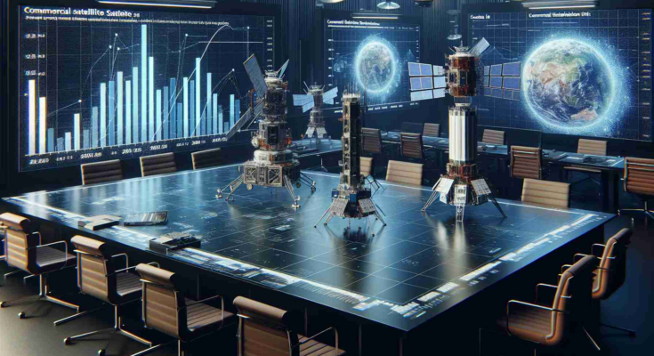 A highly detailed image showcasing an array of commercial satellite models on a large table indicating potential integrations. In the background, large screens display charts and diagrams highlighting the projected increases in funding for the year 2025. The scene is set in a modern conference room with cutting-edge technology, reflecting the progress and innovation proposed by the plan for future commercial satellite integration.