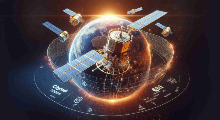 Generate a high definition, realistic image representing the concept of how insurance can mitigate losses for a satellite firm, with focus on AAC Clyde Space. The image should include a representation of space satellites possibly affected by various perils inherent to their operation, and a symbolic representation of the role of insurance in buffering these potential damages.
