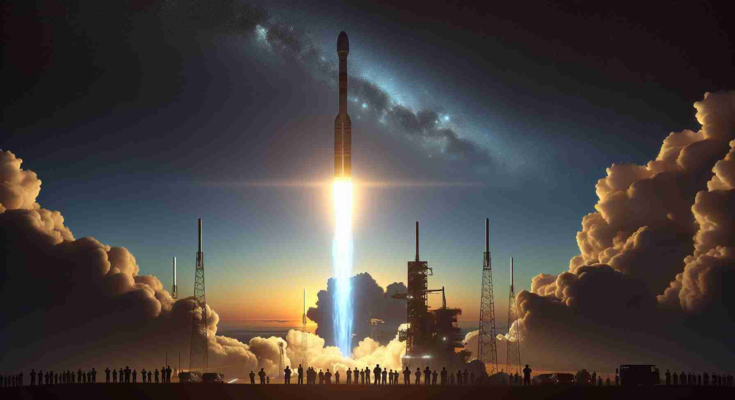 Realistic high-definition image of a satellite launch, representing the completion of an organization's space satellite constellation. Picture the silhouettes of the ground control crew as they watch the spectacle unfold, a massive rocket with the satellite secured in its nose cone blasting off into the twilight sky, leaving behind a majestic contrail illuminated by the setting sun.