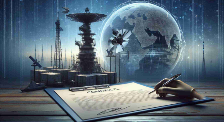 An intricately detailed scene showing a realistic HD image of a notable entrepreneur's successful aerospace company signing a classified contract for spy satellites, causing ripples in international relations. The scene could feature an imposing spacecraft in the backdrop, indicative of advanced technology and exploration, with the foreground hosting a confidential document symbolizing the secret deal.