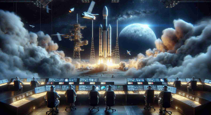 A realistic high-definition image that illustrates a rare space mission setback involving a moon-orbiting satellite launch failure. It should depict a rocket on the launchpad, clouds of smoke erupting from the base of the vehicle, a sense of urgency and disappointment among the engineers in mission control, as they watch data on their screens suggesting something has gone wrong with the launch.