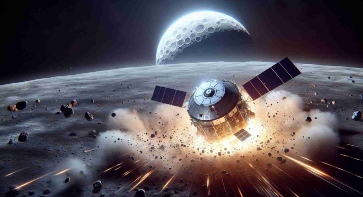 High definition, realistic image of a lunar satellite mission facing an unexpected setback. Illustrate this by showing the satellite launched from Earth heading towards the Moon, but encountering a major problem such as a malfunction, system failure, or collision with an asteroid half way through its journey.