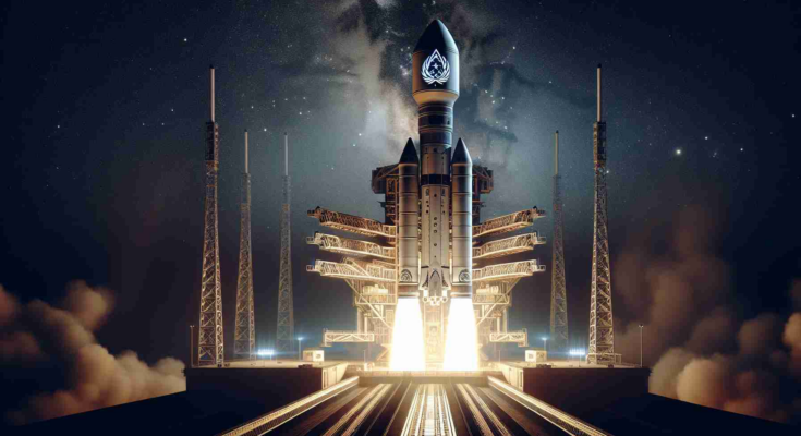 Generate a high-definition, realistic image of a scheduled satellite launch for this Friday night. The rocket, poised on the space-launch pad, is ready for liftoff underneath a star-studded night sky. The emblem of a fictional space exploration company is emblazoned on the rocket.
