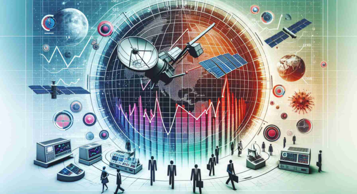Create a high-definition, realistic image depicting the Satellite Communications sector. The image could include elements like satellites, radar dishes, and control panels indicating signal strength and other metrics. There should also be symbols or visual metaphors representing shifting analyst sentiments, such as trend lines going up and down, people with worried and optimistic expressions, changes in color from green to red, etc.
