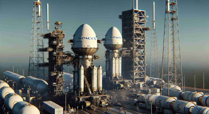 A high definition, realistic image of two large spacecrafts, with prominent SpaceX logos on the sides, prepped for simultaneous take-off. One can see the intricate details of these space vehicles, standing next to each other on their respective launch pads amidst various technological supportive equipment. The sky appears to be clear, promising optimal launch conditions. The spacecrafts have a futuristic look, using cutting-edge technology and are adorned with large dishes, indicating their purpose to be communications satellites.