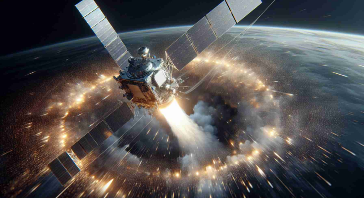 Realistic high definition depiction of a space exploration company successfully deploying an advanced communications satellite. The scene illustrates the moment after launch, where the satellite has detached and is about to travel into orbit. Highlight the intricate design of the satellite, and the sense of speed and distance as it begins its journey into space.