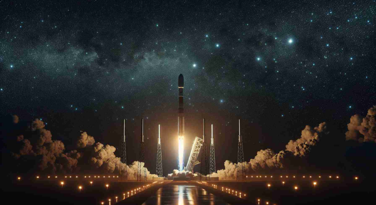 Generate a highly detailed and realistic depiction of a nighttime scene. The sky is smattered with stars, standing prominent against the inky black of space. At the center of the canvas, a powerful rocket from an unnamed company is shown launching from a sea-side launchpad. It's climbing into the night sky, a trail of smoke behind it, as it carries a new batch of communication satellites. The technical marvel is emphasized by gleaming lights from the launchpad and reflected flame from the rocket engine.