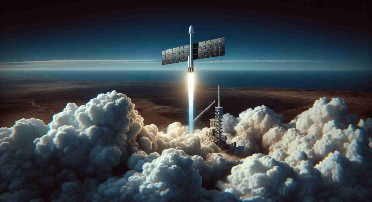 Detail-oriented illustration of a SpaceX rocket launching into the deep blue sky, emitting a trail of intense, white smoke. The rocket appears streamlined and sophisticated, hinting at its advanced engineering. On its journey into the vast expanse, it carries 23 new satellites which are visible as sleek, disc-shaped objects attached to the body of the rocket, ready to enhance the internet coverage across the globe. This technological spectacle takes place above a picturesque backdrop of dry, rugged terrain. To emphasize realism, the image should have a high-definition quality.