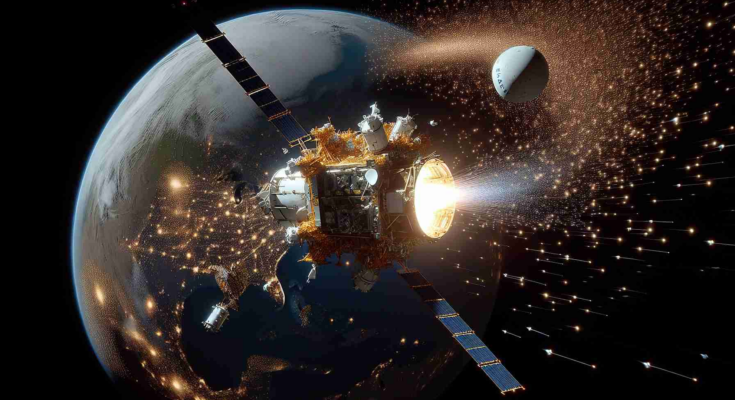 Generate a high-resolution, realistic image depicting a satellite, labeled as 'EUTELSAT 36D', being delivered to orbit by a SpaceX rocket. Simultaneously, show the continued expansion of the Starlink network with several small satellites spread out across the globe, communicating with each other and forming a dense network.