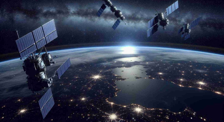 High-definition realistic image depicting the expansion of a satellite constellation by an advanced space exploration company in April 2024. The scene includes multiple satellites, elegantly silhouetted against the star-studded expanse of the cosmos above our planet.