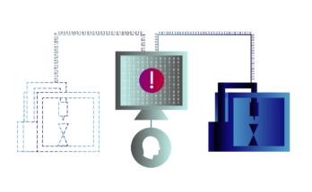 A graphic illustrates information flowing from both real and digital 3D printers on either side of a computer monitored by a person.
