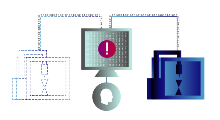 A graphic illustrates information flowing from both real and digital 3D printers on either side of a computer monitored by a person.