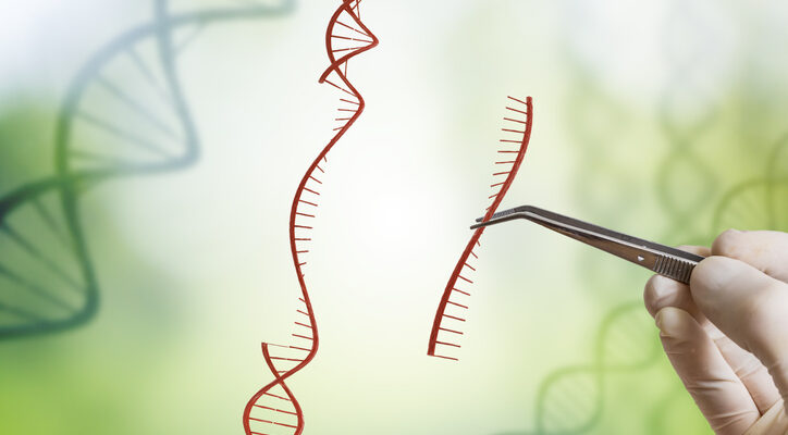 Hand is inserting sequence of DNA. Genetic engineering, GMO and Gene manipulation concept.